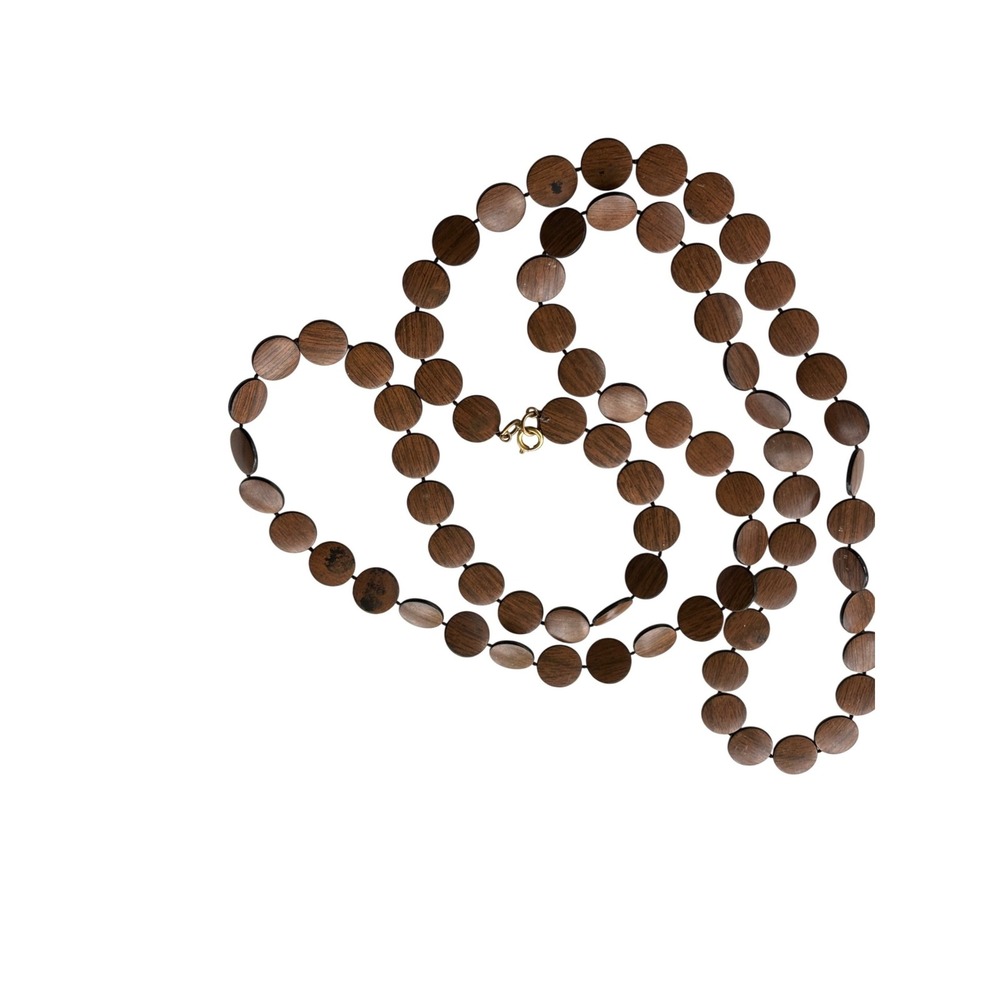 Vintage 70s Boho Faux‎ Wood Disc Necklace | 52" Long Layering Strand | MCM Style